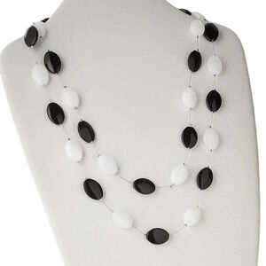 Mid Century Style Geometric Black White Glass Oval Beads Double Strand Necklace